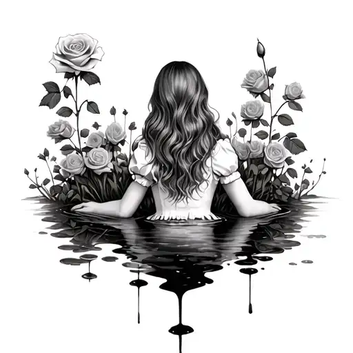 see the back of a long-haired girl as she melts into a puddle with a rose garden reminiscent of Alice in wonderland  tattoo design idea
