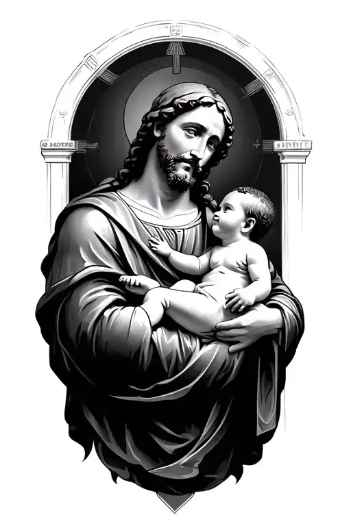 saint joseph hold baby jesus in his arms tattoo design idea
