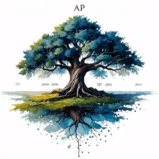 Abstract Tree with 2 kids initials and birth years. Initials are AP and TP and birth year 2008 and 2011 respectively.  tattoo design idea