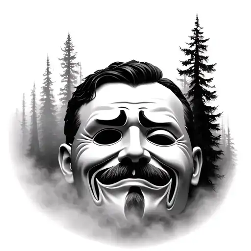 happy and sad male mask surrounded by fog and nature scene tattoo design idea