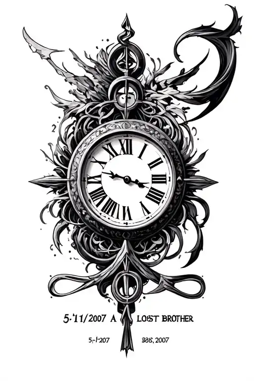 clock time of 8:03 in Roman numerals surrounded, date of 5•1•2007 at the bottom and symbol representing a lost brother tattoo design idea