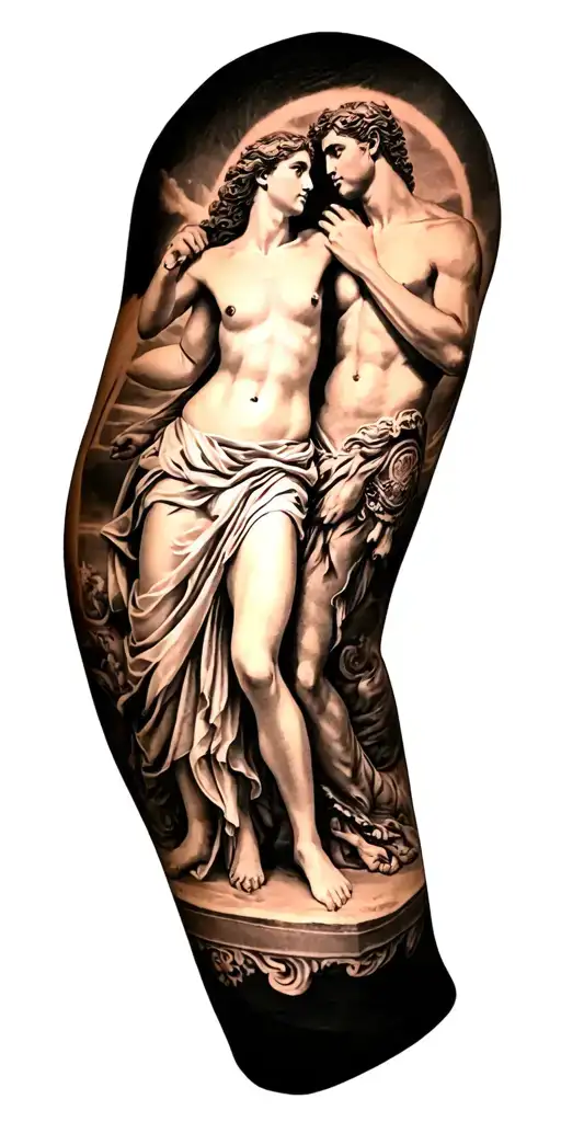 a full sleeve that shows an antique motif. Ares, Aphrodite and an adult Eros are said to be visible tattoo design idea