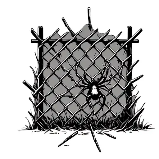 broken chain link fence with spider crawling tattoo design idea