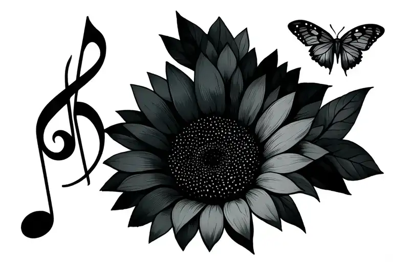 Sunflower with a music note and a butterfly emerging tattoo design idea