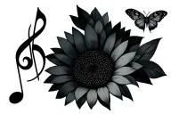 Sunflower with a music note and a butterfly emerging tattoo design idea