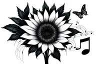 Sunflower with a music note and a butterfly emerging tattoo design idea