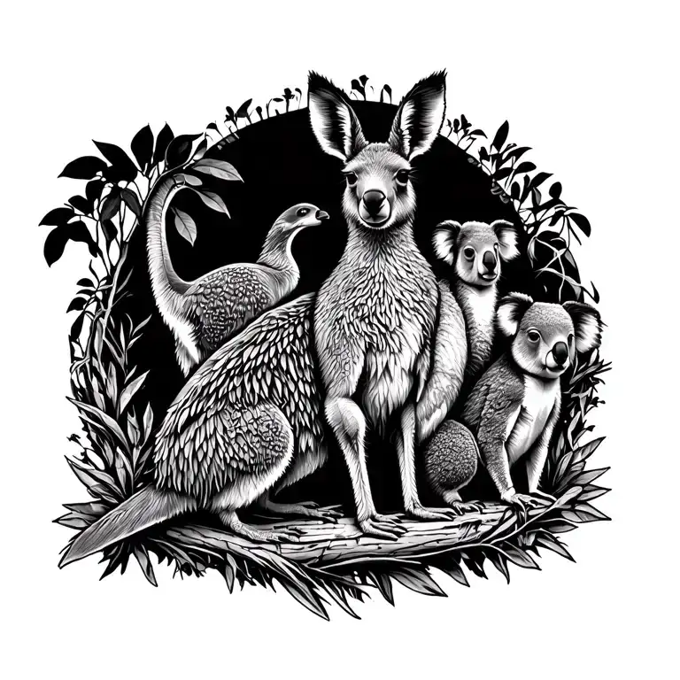 emu, kangaroo, koala and rosella in the Australian bush tattoo design idea