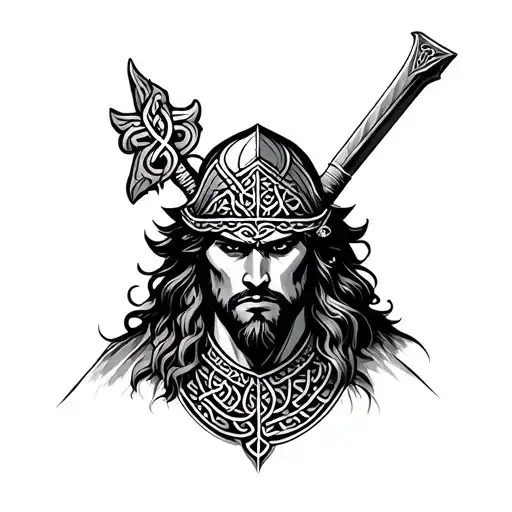 A black and grey portrait of a Celtic warrior adorned with traditional Scottish symbols and patterns tattoo design idea