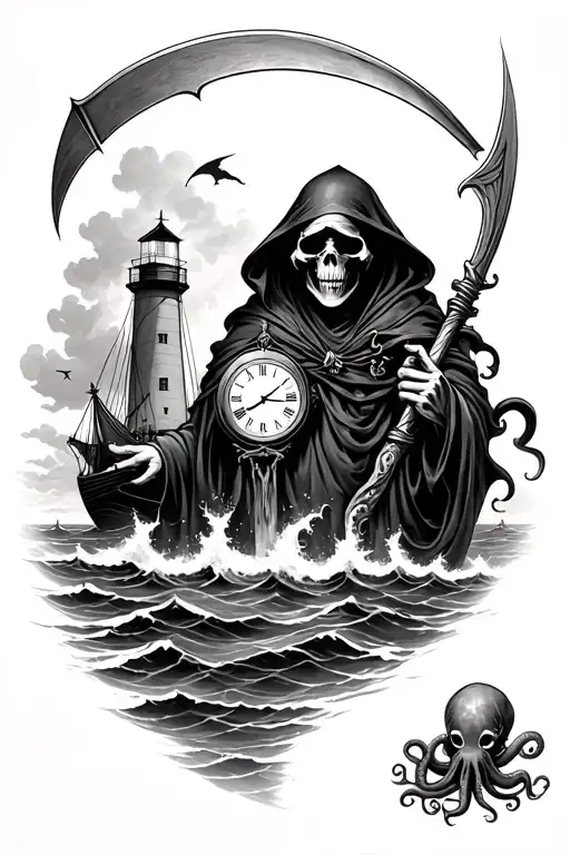 grim reaper with hidden face, scythe in one hand and broken clock in other. stormy sea, lighthouse, boat, octopus tentac tattoo design idea