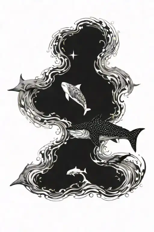 A tattoo featuring a whale shark and horse in a yin-yang style, with water waves around the whale shark and fire pattern tattoo design idea