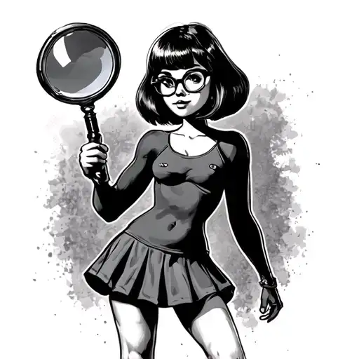 velma dinkley from scooby doo, full body, skirt, naked, glasses, magnify glass in hand tattoo design idea