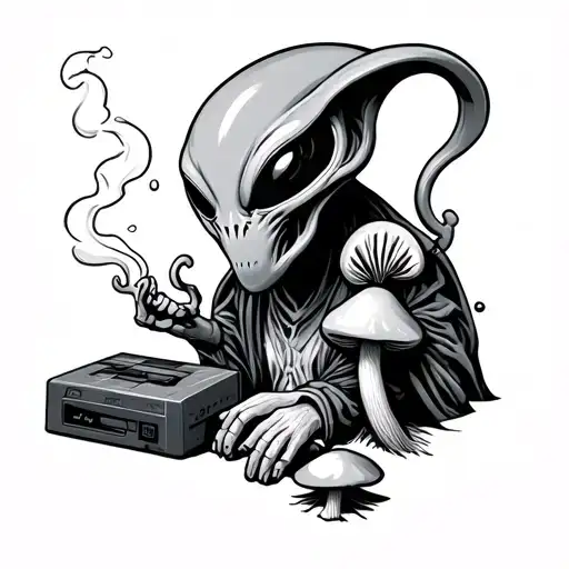 alien smoking with mushrooms and videogames tattoo design idea