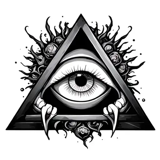 around the triangle there are teeth around the triangle and inside the triangle there is an eye and all this is on a hum tattoo design idea