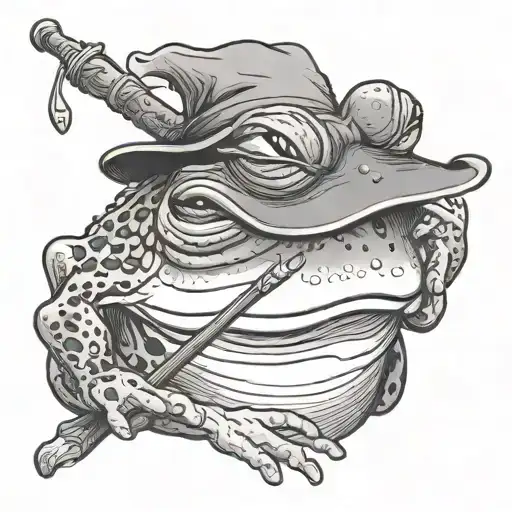 dark fantasy semi realistic frog wizard looking relaxed, smoking a pipe and holding a wizard staff in his other hand tattoo design idea