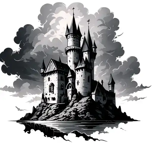 castle and storm clouds tattoo design idea