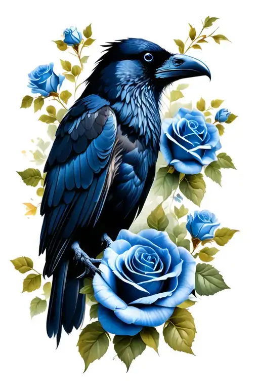 black raven with blue roses tattoo design idea