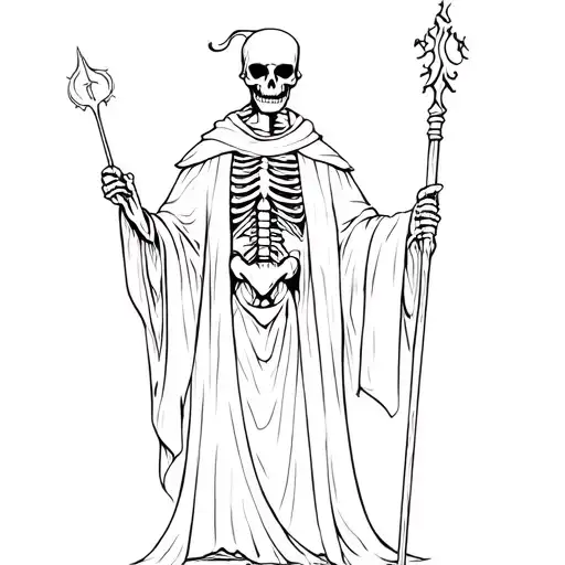 Skeleton, Wizard holding a staff, wearing a robe tattoo design idea