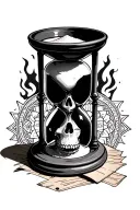 hour glass with sand, skull at the bottom, burning paper on the background and mandala shapes tattoo design idea