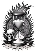 hour glass with sand, skull at the bottom, burning paper on the background and mandala shapes tattoo design idea