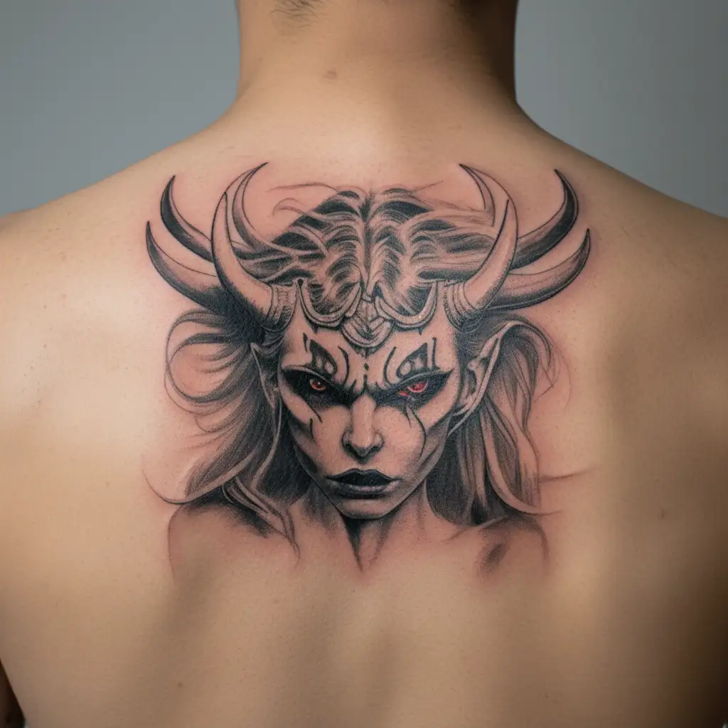 Women, demon, devil, pentogramm, horns, slut, horny, half body, black&white,  tattoo design idea