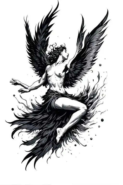 Dramatic tattoo depicting a celestial figure falling from the sky surrounded by black feathers symbolizing rebellion tattoo design idea