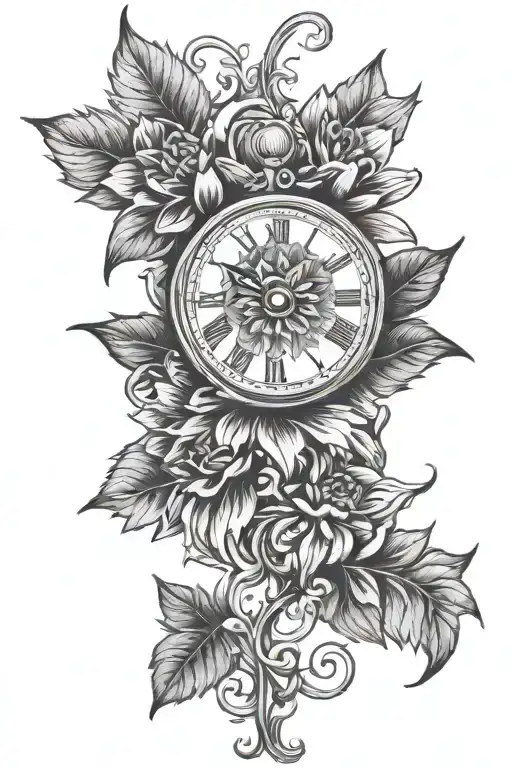 Dahlia Flower with clock and vines tattoo design idea
