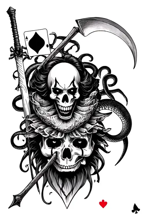 A terrible clown, playing cards, death with a scythe, a skull with a snake, a skull with a spider, a knife, a demon Hanya tattoo design idea