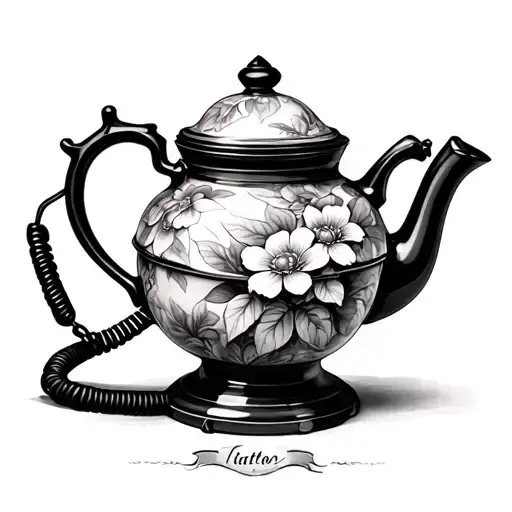 Realistic fine-line tattoo of a vintage teapot with floral patterns with old school coil corded phone  tattoo design idea