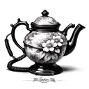 Realistic fine-line tattoo of a vintage teapot with floral patterns with old school coil corded phone  tattoo design idea