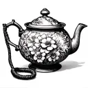 Realistic fine-line tattoo of a vintage teapot with floral patterns with old school coil corded phone  tattoo design idea