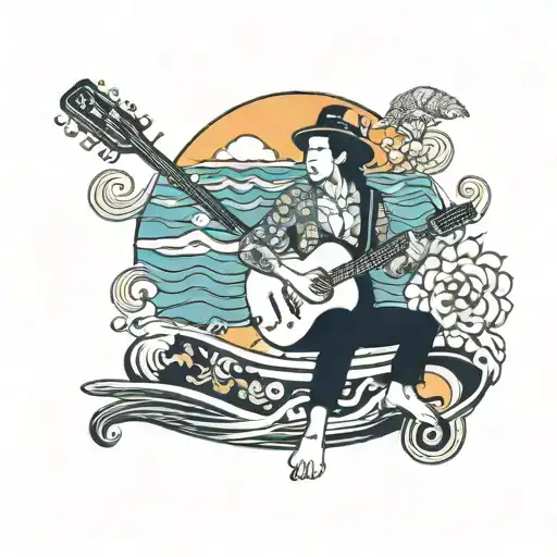 A server serving drinks on a stand up paddle surfboard with a guitar and harmonica in the background tattoo design idea