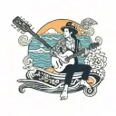 A server serving drinks on a stand up paddle surfboard with a guitar and harmonica in the background tattoo design idea