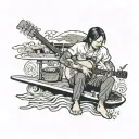 A server serving drinks on a stand up paddle surfboard with a guitar and harmonica in the background tattoo design idea