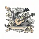 A server serving drinks on a stand up paddle surfboard with a guitar and harmonica in the background tattoo design idea