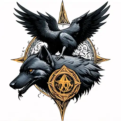 crow with a wolf and the sign of gemini with wings tattoo design idea