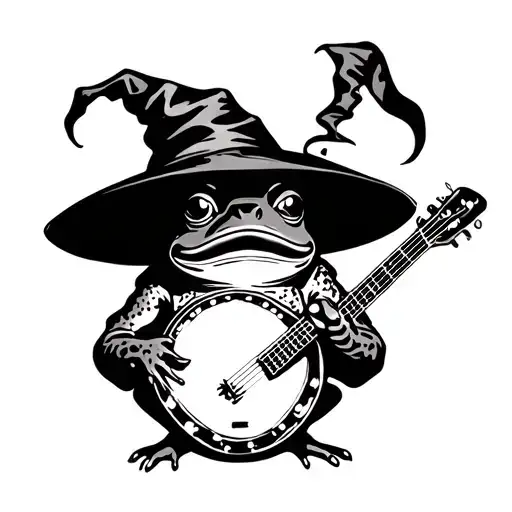 frog cryptic with banjo and wizard hat stencil tattoo design idea