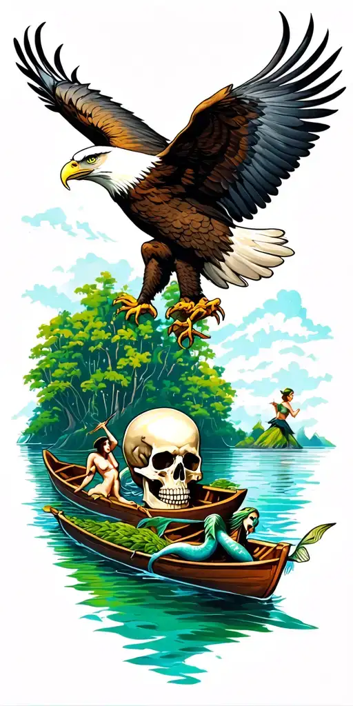 bald eagle at top of sleeve and a Peter Pan lagoon in a rowboat skull island around the elbow mermaids below the boat tattoo design idea