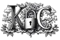 decorative initials "K" and "C" in a curly script. Between the letters is a padlock with a keyhole roses,tree, clouds tattoo design idea