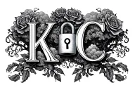 decorative initials "K" and "C" in a curly script. Between the letters is a padlock with a keyhole roses,tree, clouds tattoo design idea