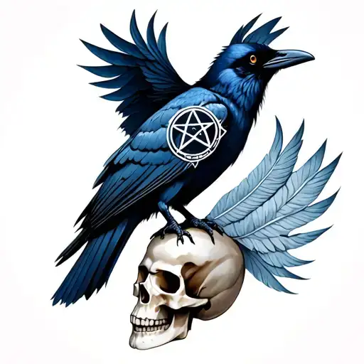 crow with pentagram on it's chest feathers while perching on a skull tattoo design idea
