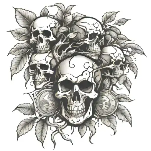 skulls and money tree growing tattoo design idea