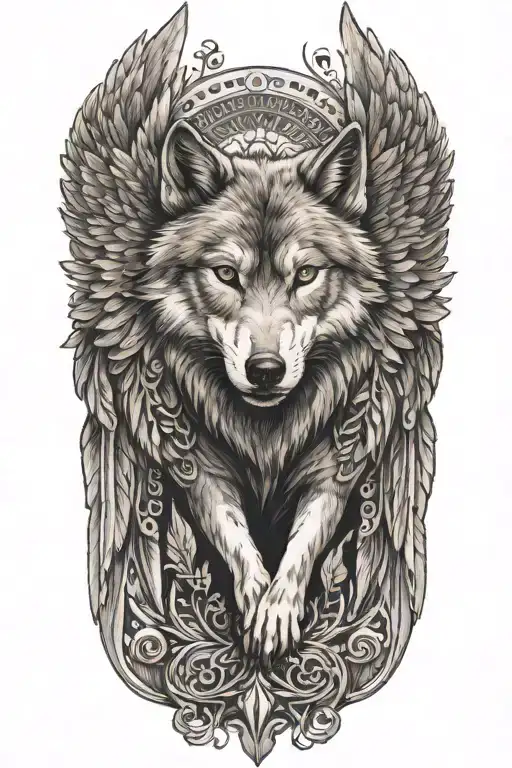Wolf with angel wings spread wings with head tattoo design idea
