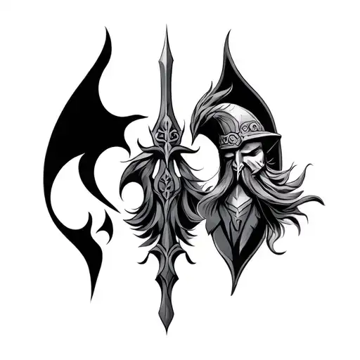 I want a black-and-gray Norse-themed tattoo that brings together four gods — Tyr, Odin, Ullr, and Freyja — each represen tattoo design idea