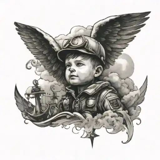 navy Pilot wings and little boy in a storm with an anchor looking at heaven tattoo design idea