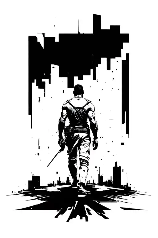 An lean warrior walking through urban destructive chaos geometric background towards a better future. Seen from behind tattoo design idea