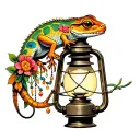 vintage gas lantern with a 3/4 view gecko crawling on it with flowers and beads full color tattoo design idea