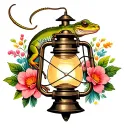 vintage gas lantern with a 3/4 view gecko crawling on it with flowers and beads full color tattoo design idea