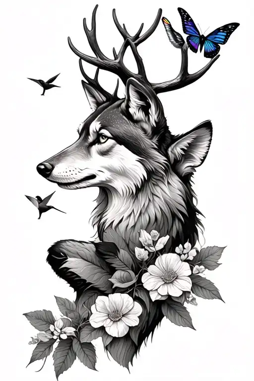 wolf, deer, cardinal, butterfly, hummingbird  tattoo design idea