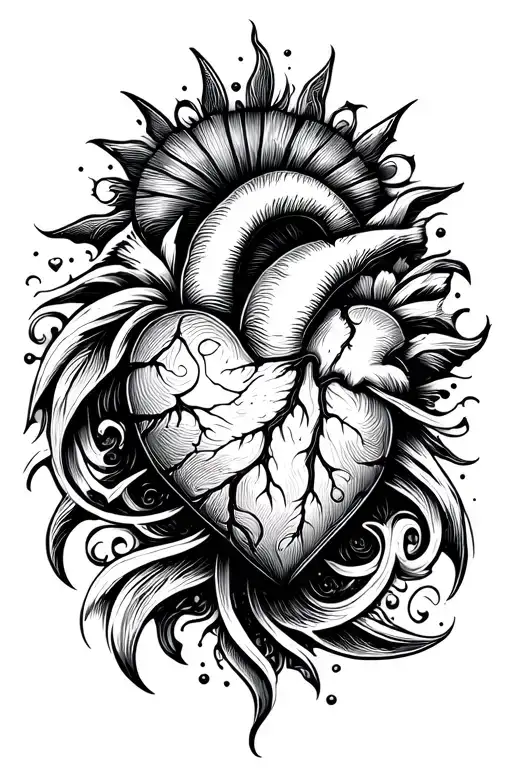 heart break tribal tattoo design with ocean and sun fading elements and evolving elements with love becoming heartless tattoo design idea