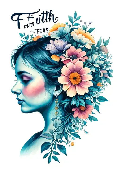 "Faith over Fear" flowers blooming around a lady head profile holding tattoo design idea